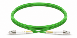 OM5 Fiber for Data Centers and Enterprise Networks 2 Green OM5 multimode fiber optic patch cable with LC connectors on a white background, used for high-speed data center networking.