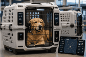 Smart Crates for Animals and Bridge Cable 2 Golden Retriever inside a smart animal transport crate with digital displays showing temperature, humidity, GPS tracking, and connectivity status.