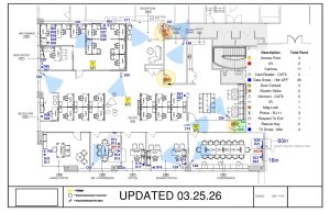 What Factors Affect a Structured Cabling Budget? 3 Structured cabling design floor plan showing data drops, cameras, and access points with total runs.