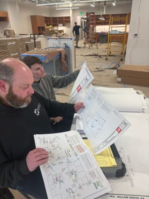 What Factors Affect a Structured Cabling Budget? 1 Two technicians reviewing structured cabling floor plans and drop schedules at an active job site.