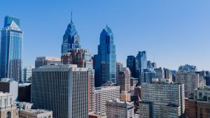 Wi-Fi 7 Business Connectivity in Pennsylvania 2 Center City Philadelphia skyline with One and Two Liberty Place under clear skies.