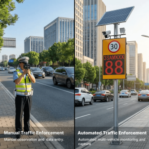 What Role Does Low Voltage Play in Speed Camera Systems? 4 Split-screen comparison of a police officer manually checking vehicle speed with a handheld radar gun on a city street, beside a solar-powered automated speed camera pole displaying a 30 mph limit sign and a captured vehicle speed of 88.