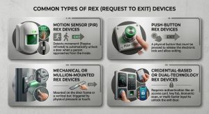 How Do You Choose the Right REX Devices? 2 Infographic comparing four types of REX (Request to Exit) devices: motion sensor (PIR), push-button, mechanical or mullion-mounted, and credential-based dual-technology devices, each shown with an icon and brief description.