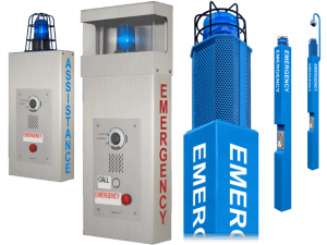 What Are Blue Light Emergency Towers at Hospitals? 2 Five emergency call box models including stainless steel wall-mount intercoms with red emergency buttons and blue strobe lights, a tall blue mesh emergency tower, and two slim blue emergency call poles, each labeled "EMERGENCY" or "ASSISTANCE."