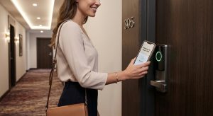 Woman using a mobile key app on her smartphone to unlock a hotel room door with an electronic keyless lock